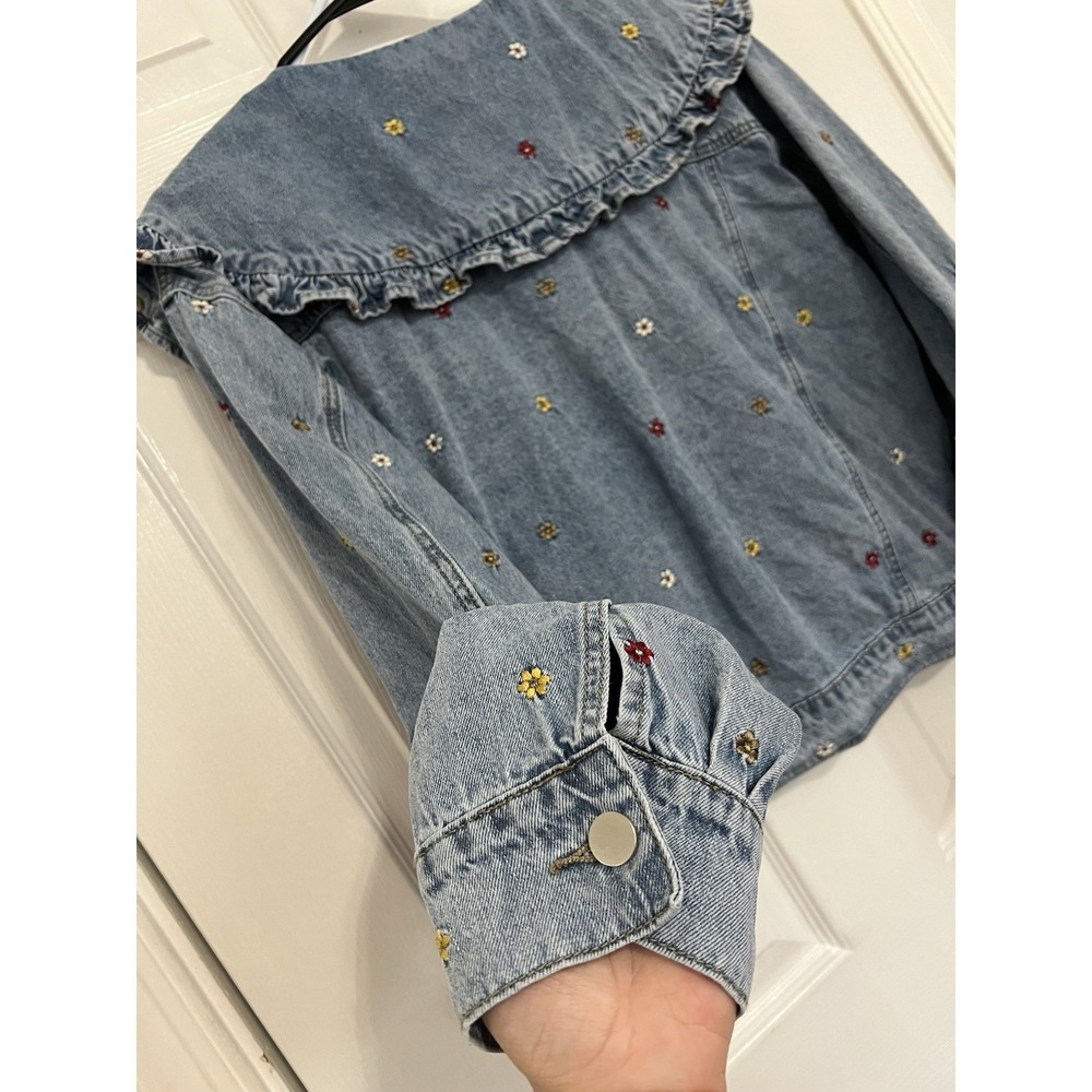 Cottagecore Denim Jacket Floral Embroidered Peter Pan Collar Coquette Fairycore - Picture 13 of 16